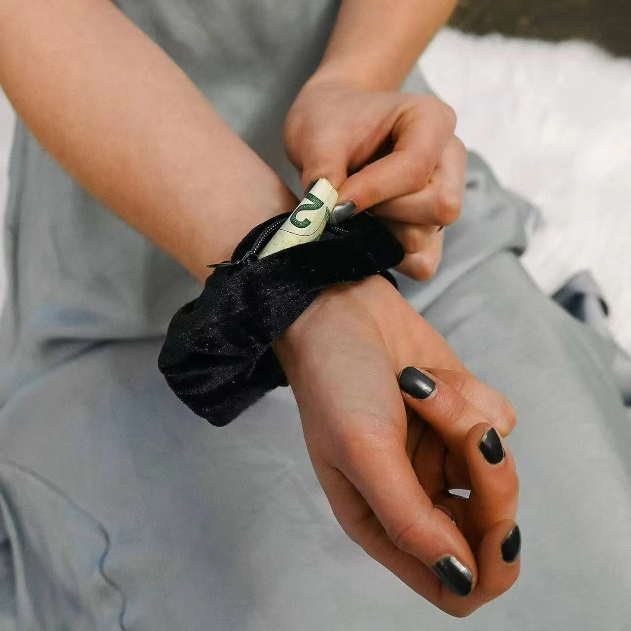Travel Accessories Useful - Black Velvet Zipper Pocket Scrunchie Hidden